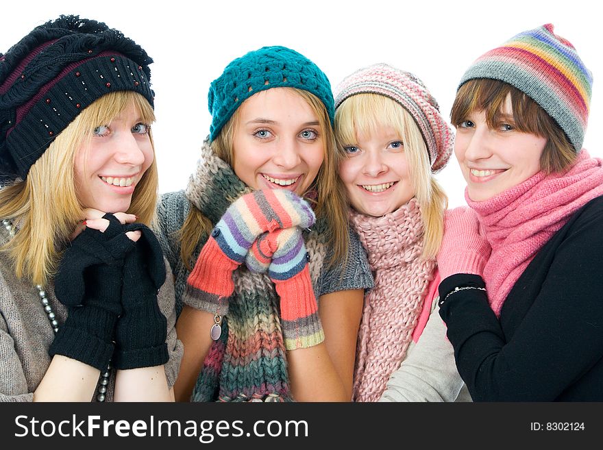 Four attractive girls isolated on a white background