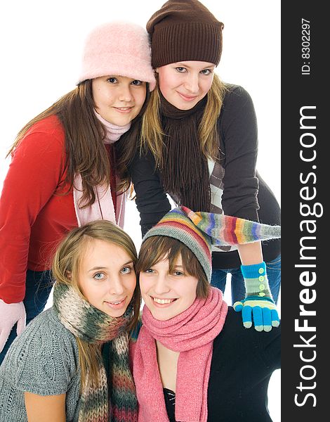 Four attractive girls isolated on a white background