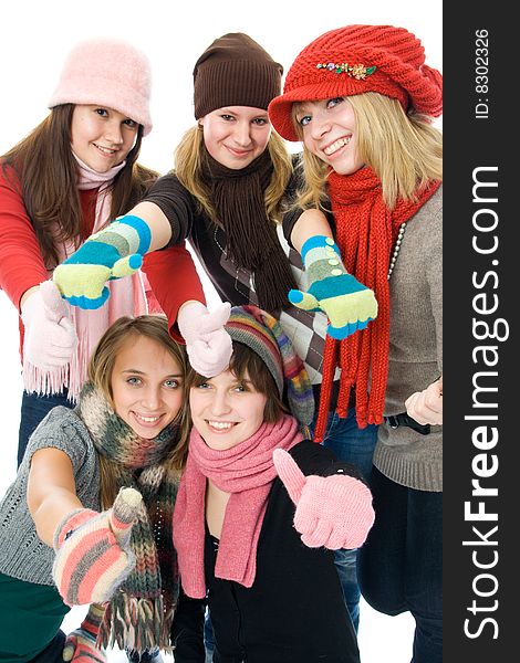 Five attractive girls isolated on a white background