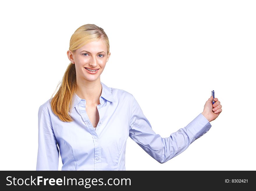 Business woman pointing with a pen in the studio