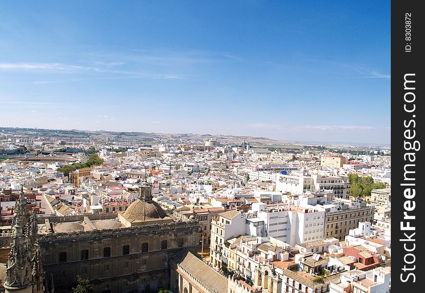 Panoramic view of Sevilla Spain. Landscape. General view or scene of Sevilla city. Tourists attraction in Andalusia. Spain