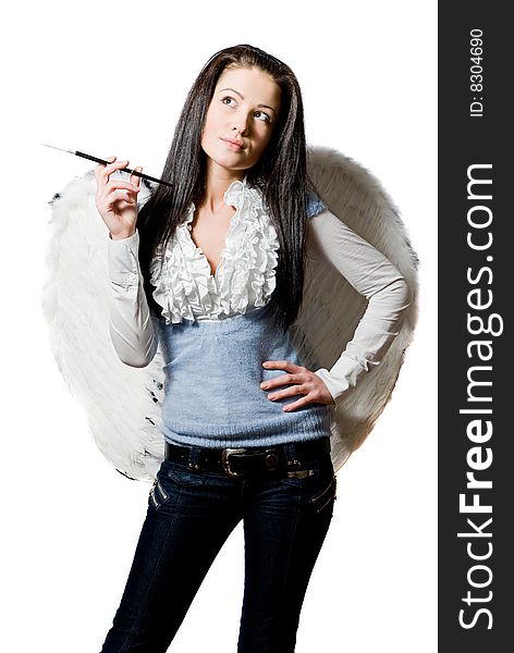 Angel with cigarette over white background