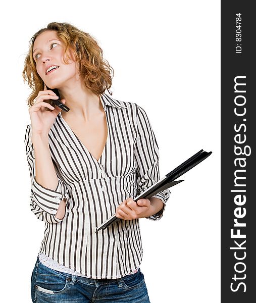 Young smiling businesswoman  with  folder and mobile telephone  on white background. Young smiling businesswoman  with  folder and mobile telephone  on white background