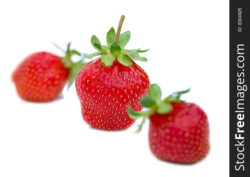 Three strawberries, shallow depth of view, isolated on white