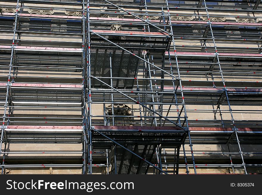 Scaffolding covering the entire building