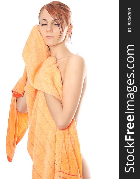 Beautiful young woman after bath with towel. Beautiful young woman after bath with towel