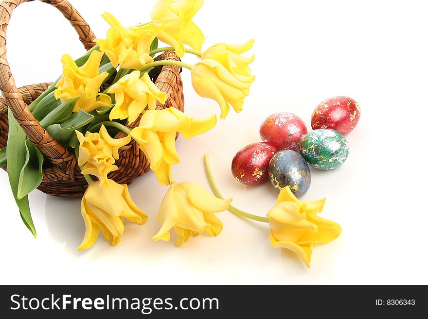 Easter colored eggs and yellow tulips in grass. Easter colored eggs and yellow tulips in grass