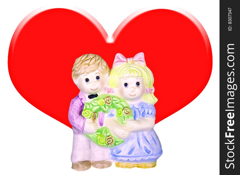 Couple ceramic doll with big red heart. Couple ceramic doll with big red heart.