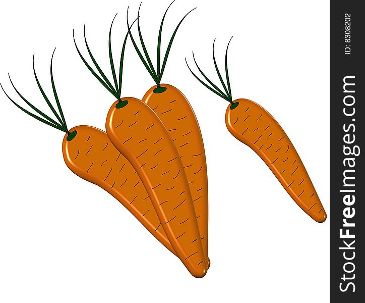 4  three dimentional  carrots with their leafy tops on. 4  three dimentional  carrots with their leafy tops on..