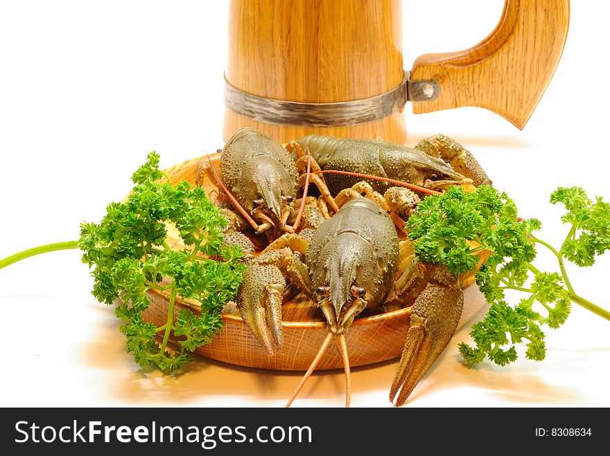 Beer, cancers, greens, beer mug, snack. Beer, cancers, greens, beer mug, snack