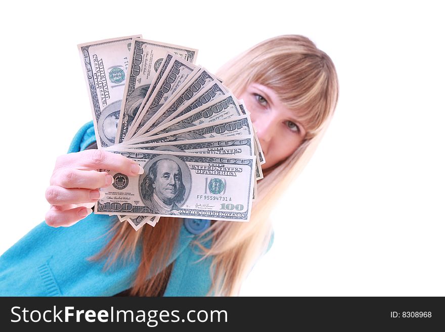 Girl with dollars isolated on white