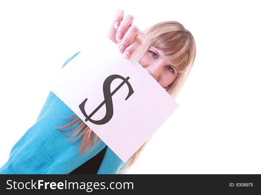 Girl with currency symbol isolated on white