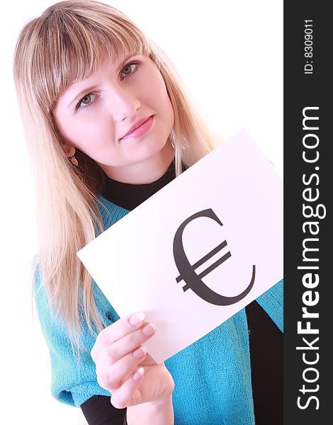 Girl with currency symbol isolated on white