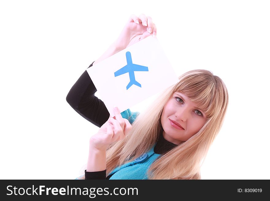 Young girl with aircraft in hands isolated on white