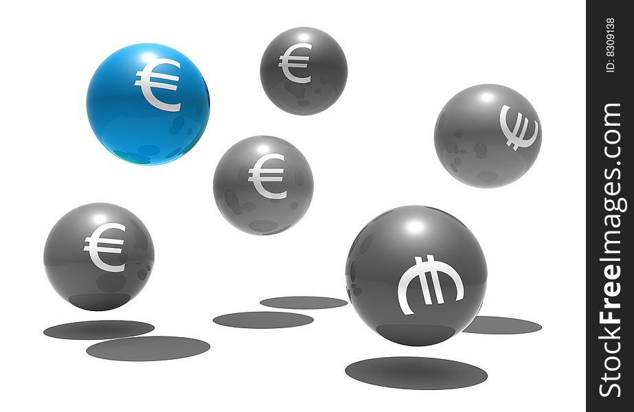 Isolated spheres with euro symbol - outsider - 3d render