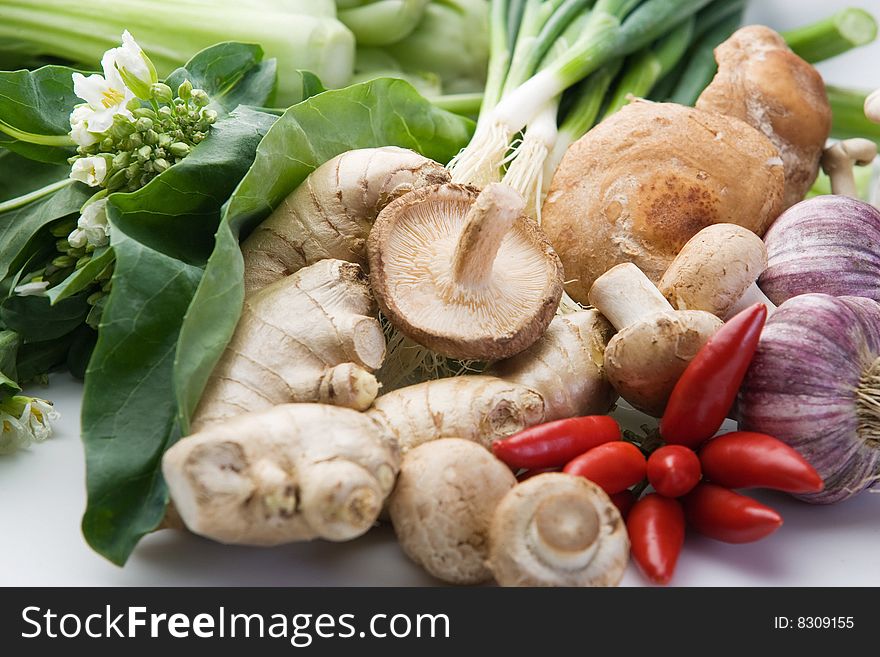 Arrangement of Asian greens and ingredients for a stir-fry. Arrangement of Asian greens and ingredients for a stir-fry