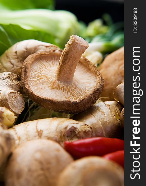 Close-up of shitake mushroom amid assorted fresh Asian vegetables. Close-up of shitake mushroom amid assorted fresh Asian vegetables