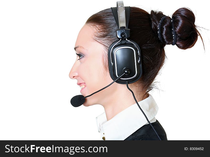 Profile of the smiling receptionist in headset