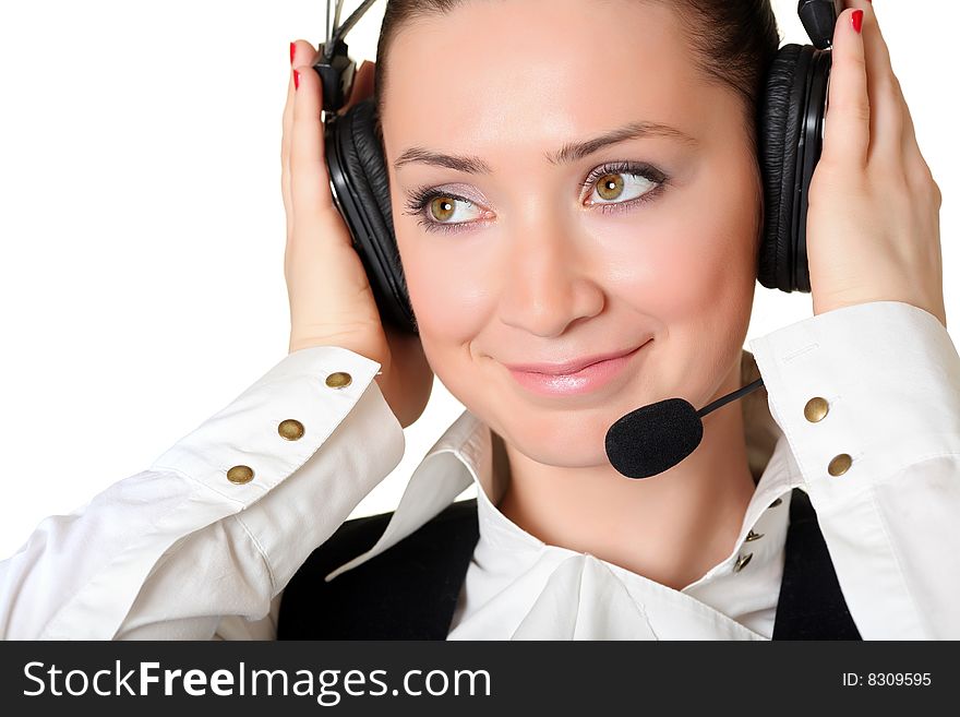 Portrait of the smiling receptionist in headset.