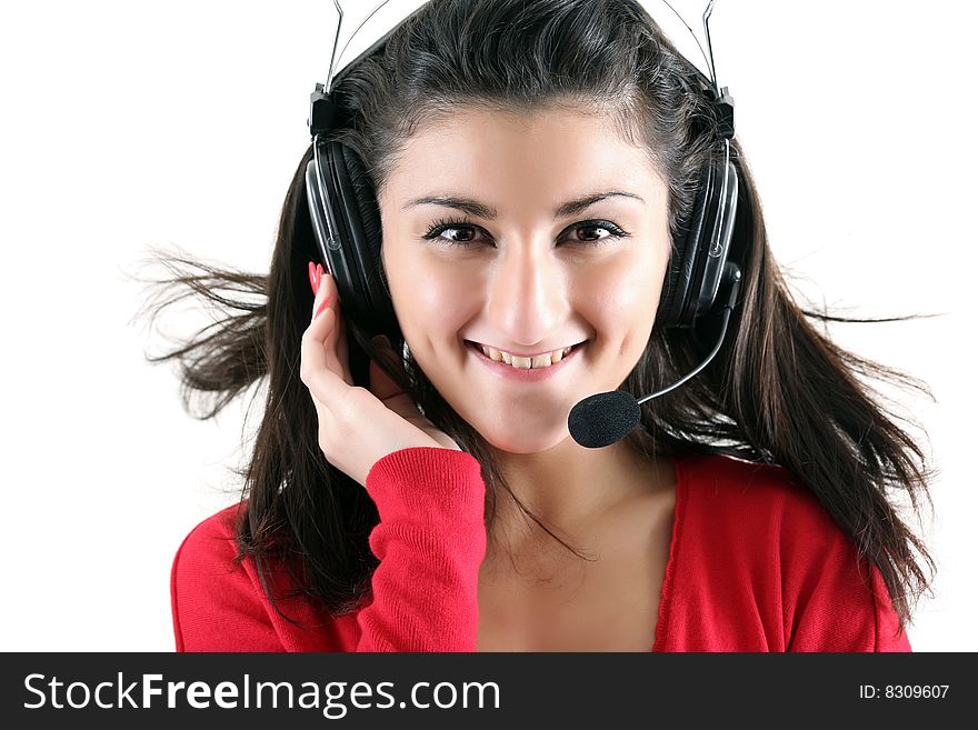 Portrait of the smiling receptionist in headset.