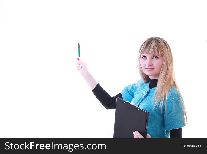 Girl showing something with pen isolated on white
