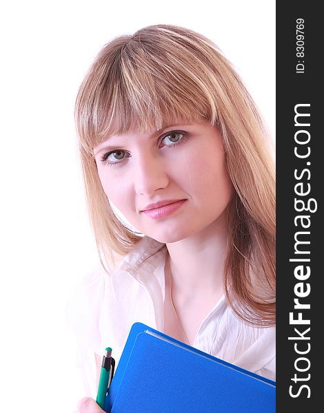 Woman with blue folder isolated on white