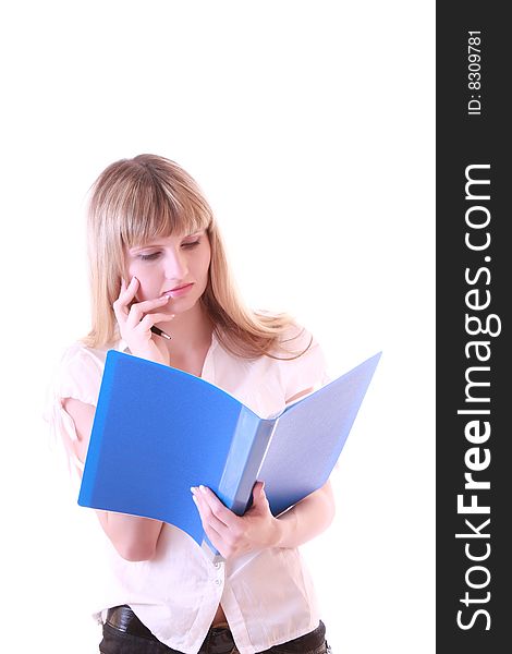 Woman with blue folder isolated on white