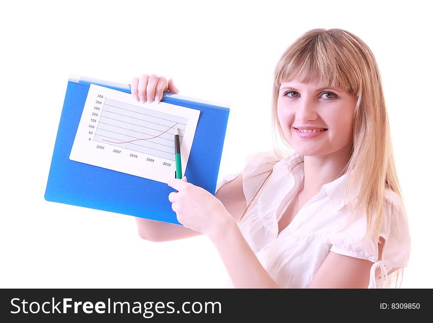 Woman showing positive chart isolated on white