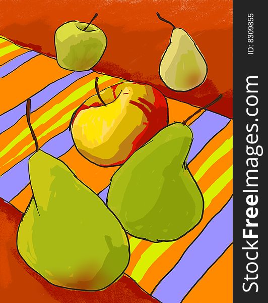 Pears and an apple on the colorful rug.