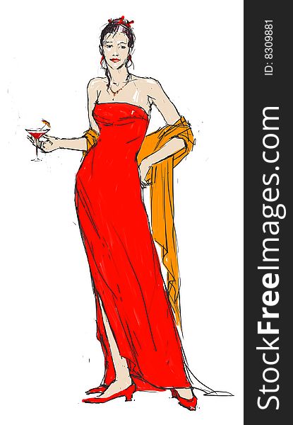 Elegant woman in red stands  with a glass of wine. Elegant woman in red stands  with a glass of wine.