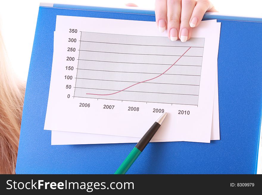 Woman showing positive chart isolated on white