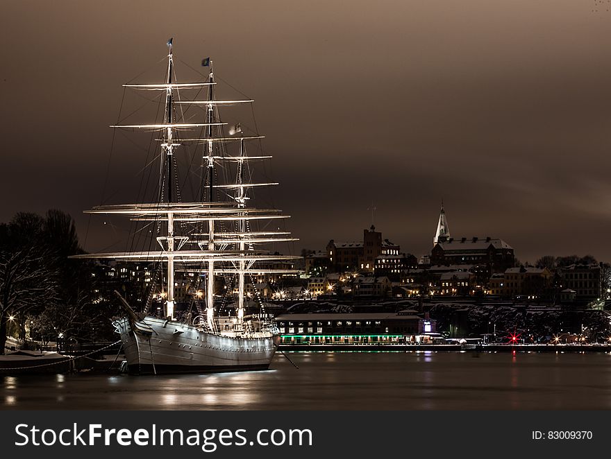 White Ship on Port at Night