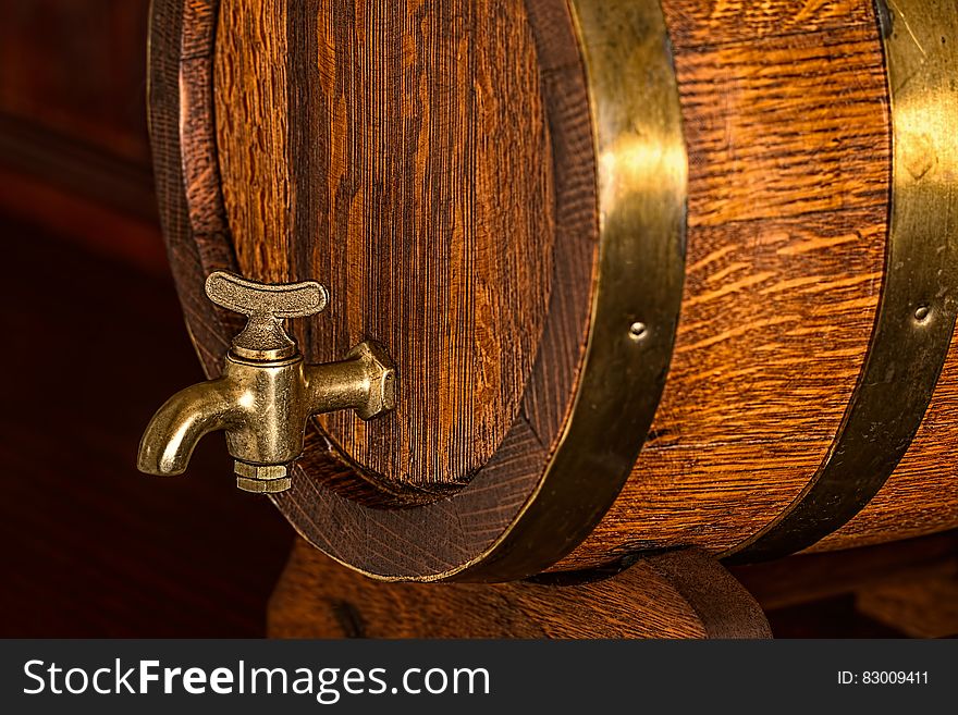 Brass Frame Brown Wooden Barrel