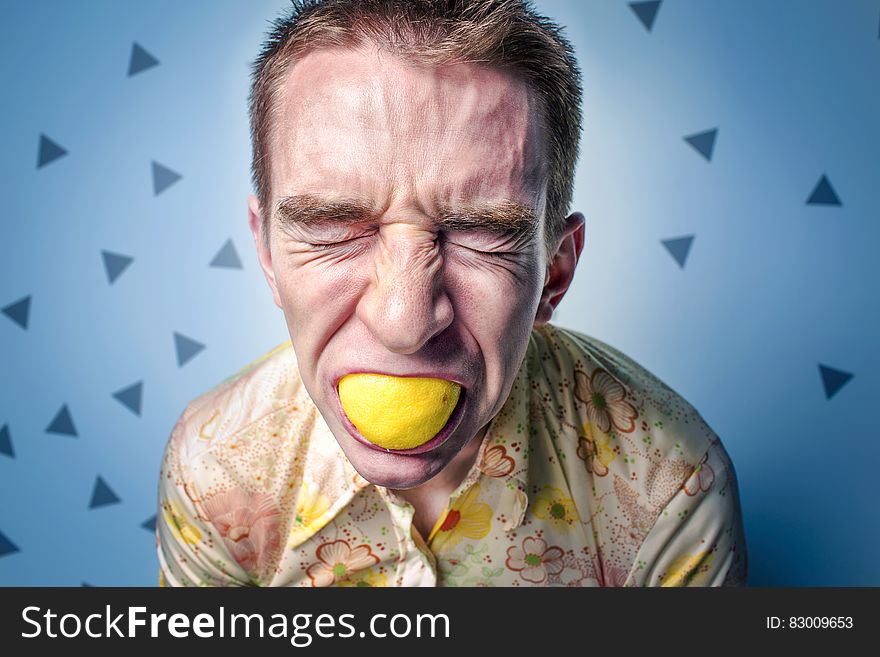 Man grimacing while eating whole lemon in studio portrait. Man grimacing while eating whole lemon in studio portrait.