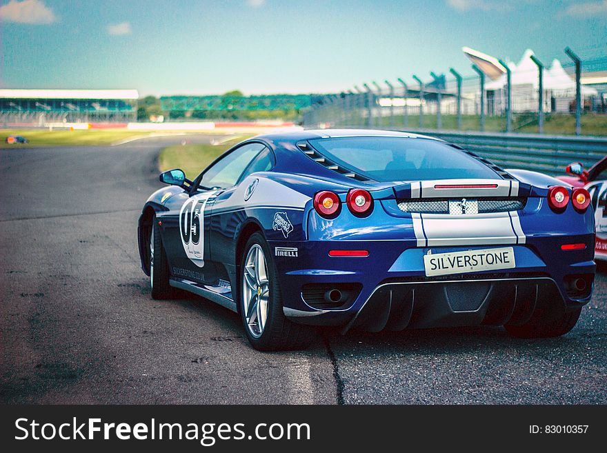 Silverstone Blue Silver Stripe Race Car On Track