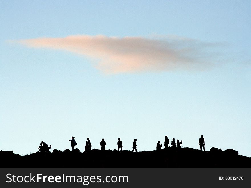 Silhouettes of people at a gathering (druids) on a dark hilltop soon after dawn, pale blue sky with thin cloud. Silhouettes of people at a gathering (druids) on a dark hilltop soon after dawn, pale blue sky with thin cloud.