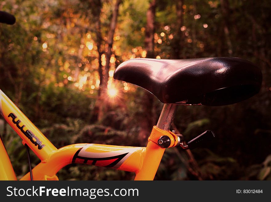 Close up of saddle on an adventure (mountain) bike with height adjustment and decorated yellow frame, background blur of trees and forest. Close up of saddle on an adventure (mountain) bike with height adjustment and decorated yellow frame, background blur of trees and forest.