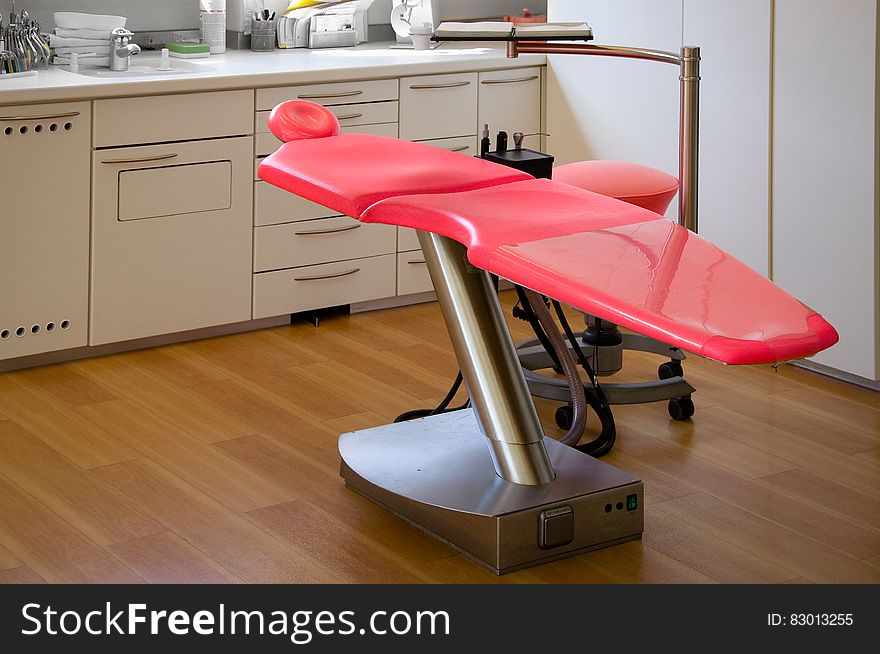 Gray Metal Framed Red Dental Treatment Chair