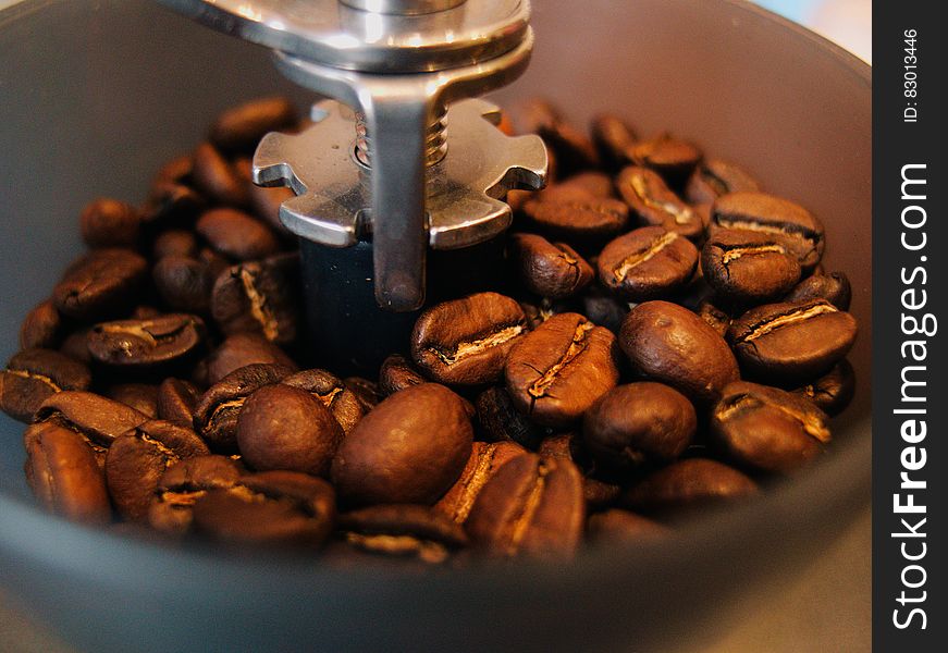 A coffee grinder close up with roasted coffee beans.