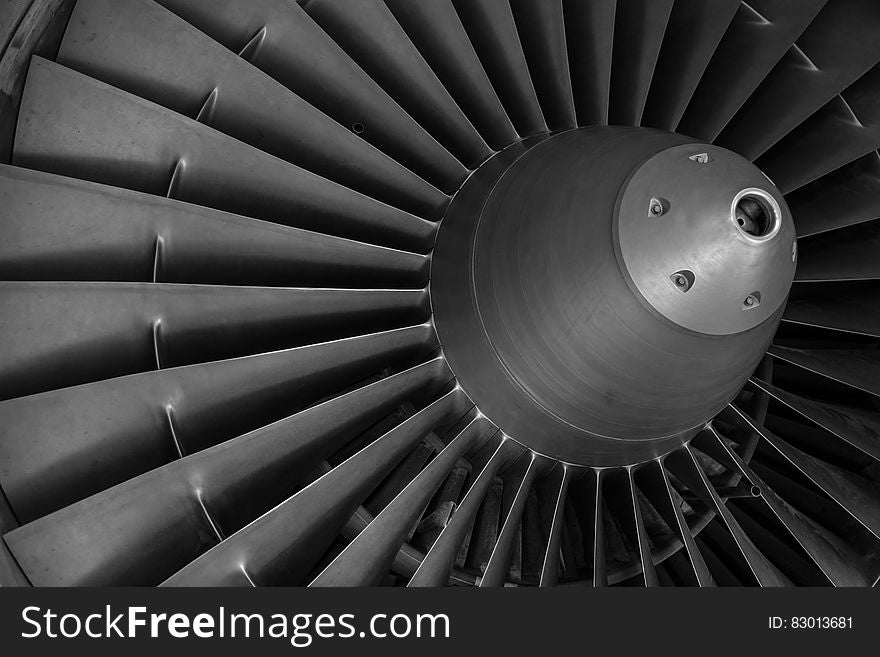 Close up abstraction of aircraft engine in black and white.