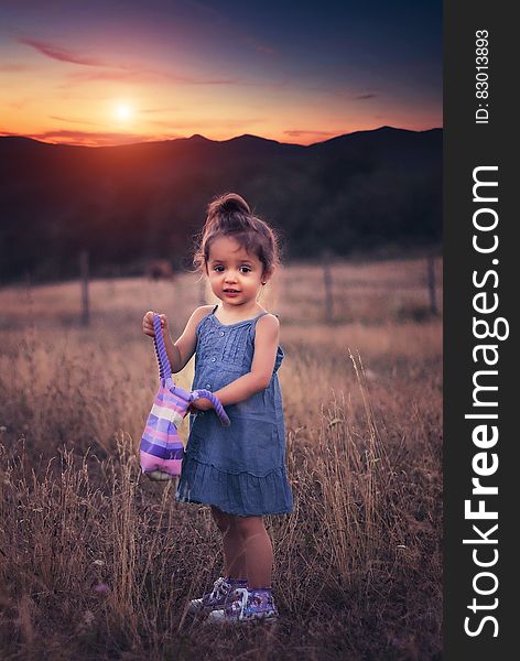 A small girl with a handbag on a grassy field at sunset. A small girl with a handbag on a grassy field at sunset.