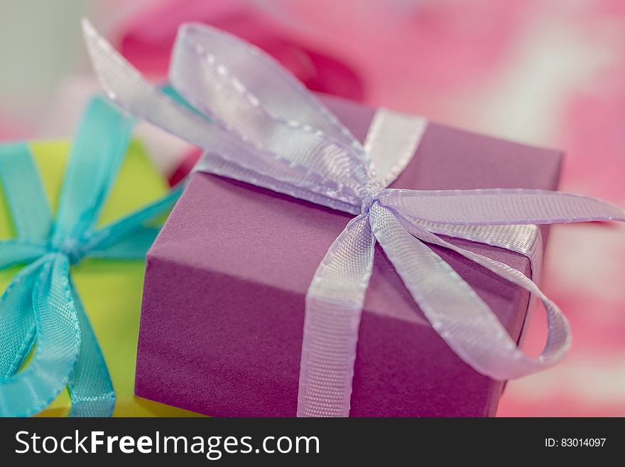 Close up of colorful wrapped gift boxes.