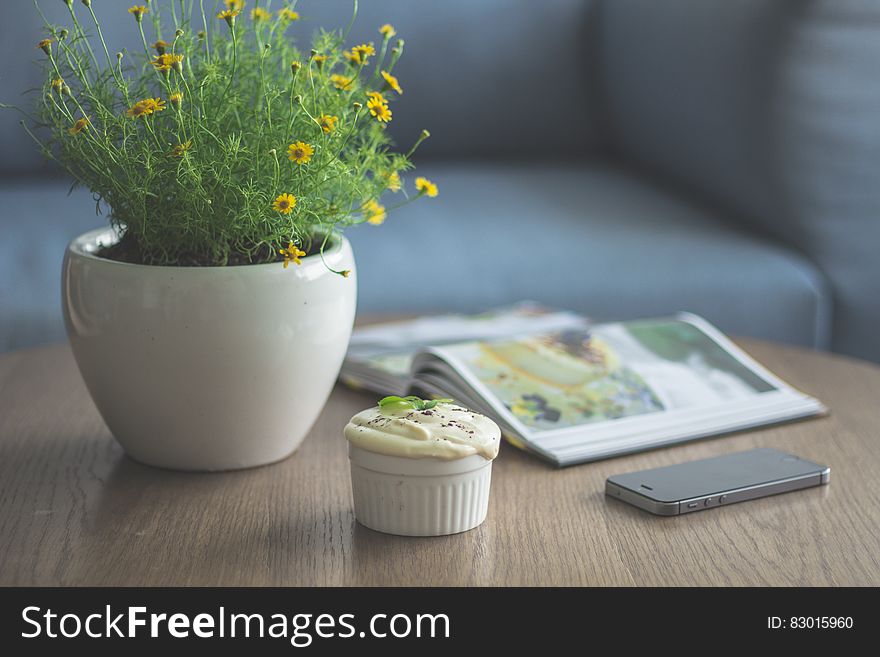 A coffee table in front of a sofa with a houseplant, mobile phone and a cupcake.