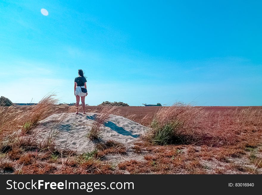 Young woman in white shorts and blue top looking out over open countryside from a pile of gray sand (or rock), blue sky background. Young woman in white shorts and blue top looking out over open countryside from a pile of gray sand (or rock), blue sky background.