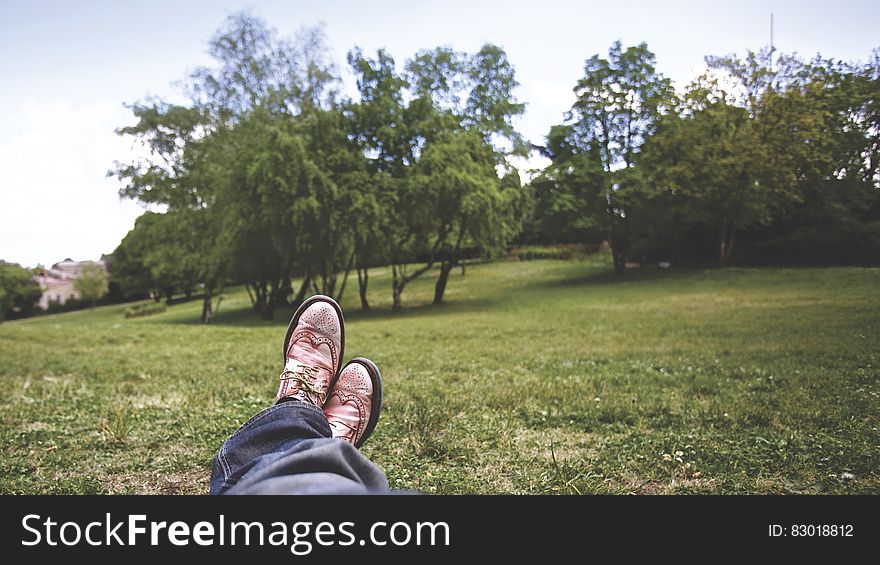 Person Lying on Grass Field Near Trees Under White Clouds during Daytime