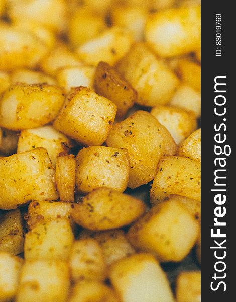 Diced potatoes fried in fat. Diced potatoes fried in fat.
