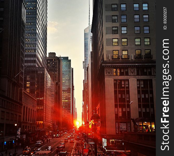 The crossing of East 42st Street and Vanderbildt Ave in New York City at sunset. The crossing of East 42st Street and Vanderbildt Ave in New York City at sunset.