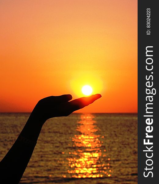 Silhouette Of Human Hand Holding The Sun Set Near Ocean Photography