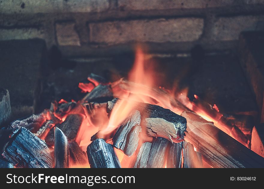 A close up of logs burning in a fireplace.