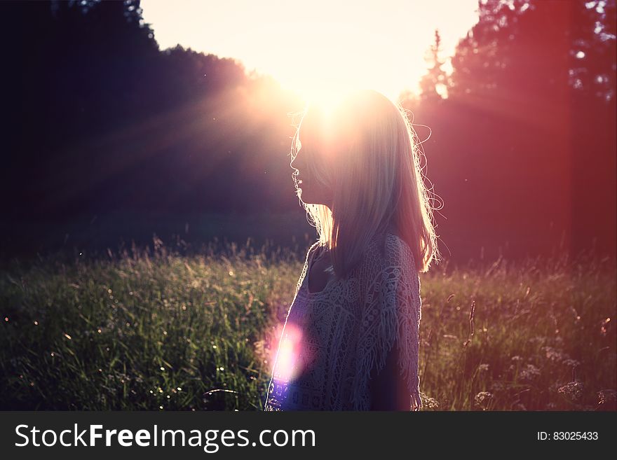 Young woman outdoors with long blond hair, spectacles and patterned dress seen in profile at sunset holding torch or bright light, background of meadow and trees. Young woman outdoors with long blond hair, spectacles and patterned dress seen in profile at sunset holding torch or bright light, background of meadow and trees.